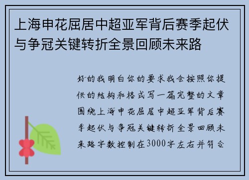 上海申花屈居中超亚军背后赛季起伏与争冠关键转折全景回顾未来路
